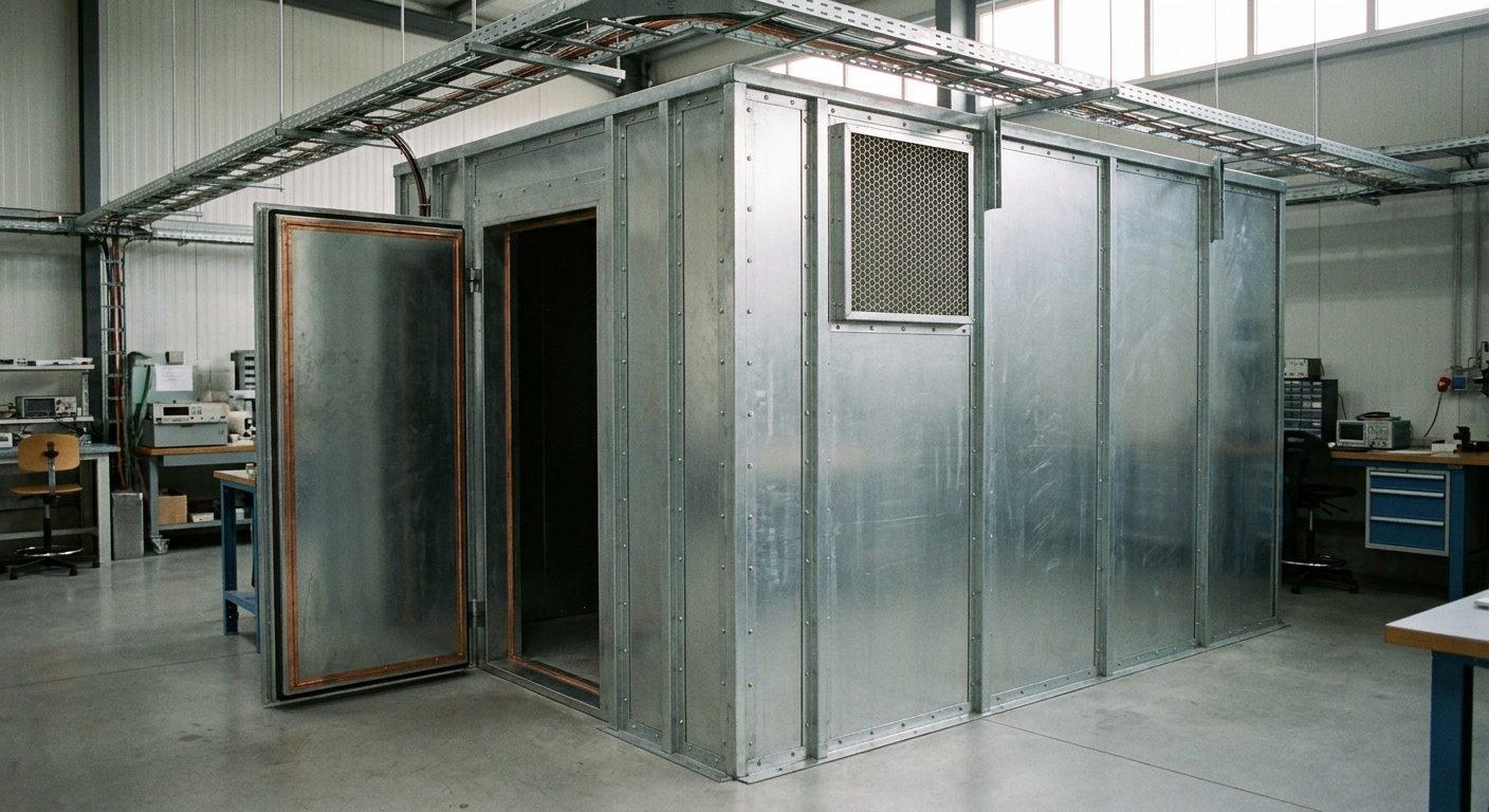 A walk-in RF shielded enclosure, the product category this domain names