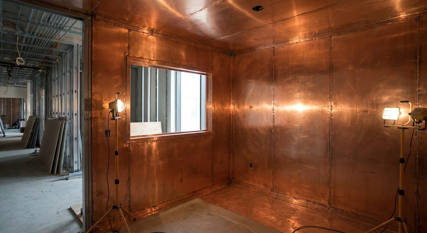 An MRI suite under construction with copper RF shielding sheets covering the walls before the finishes go on.