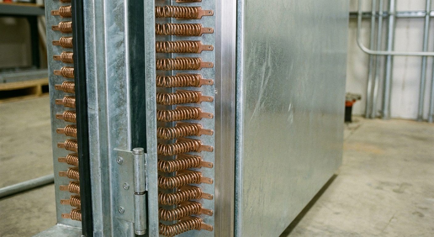 Close view of the edge of an RF shielded door, with rows of copper finger stock contacts lining the frame.